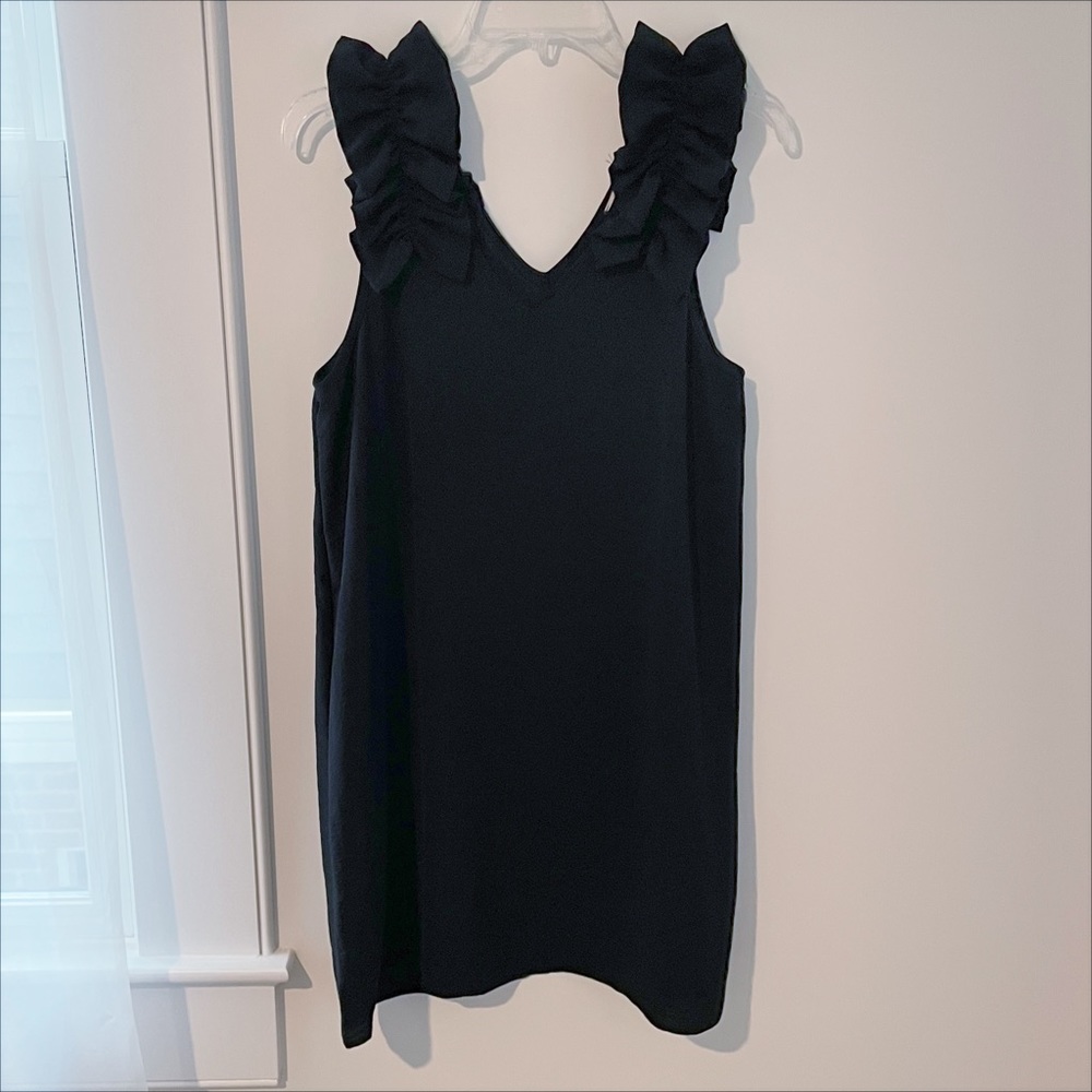 NWT Entro Black Mini Dress with Ruffle Shoulders, size Large